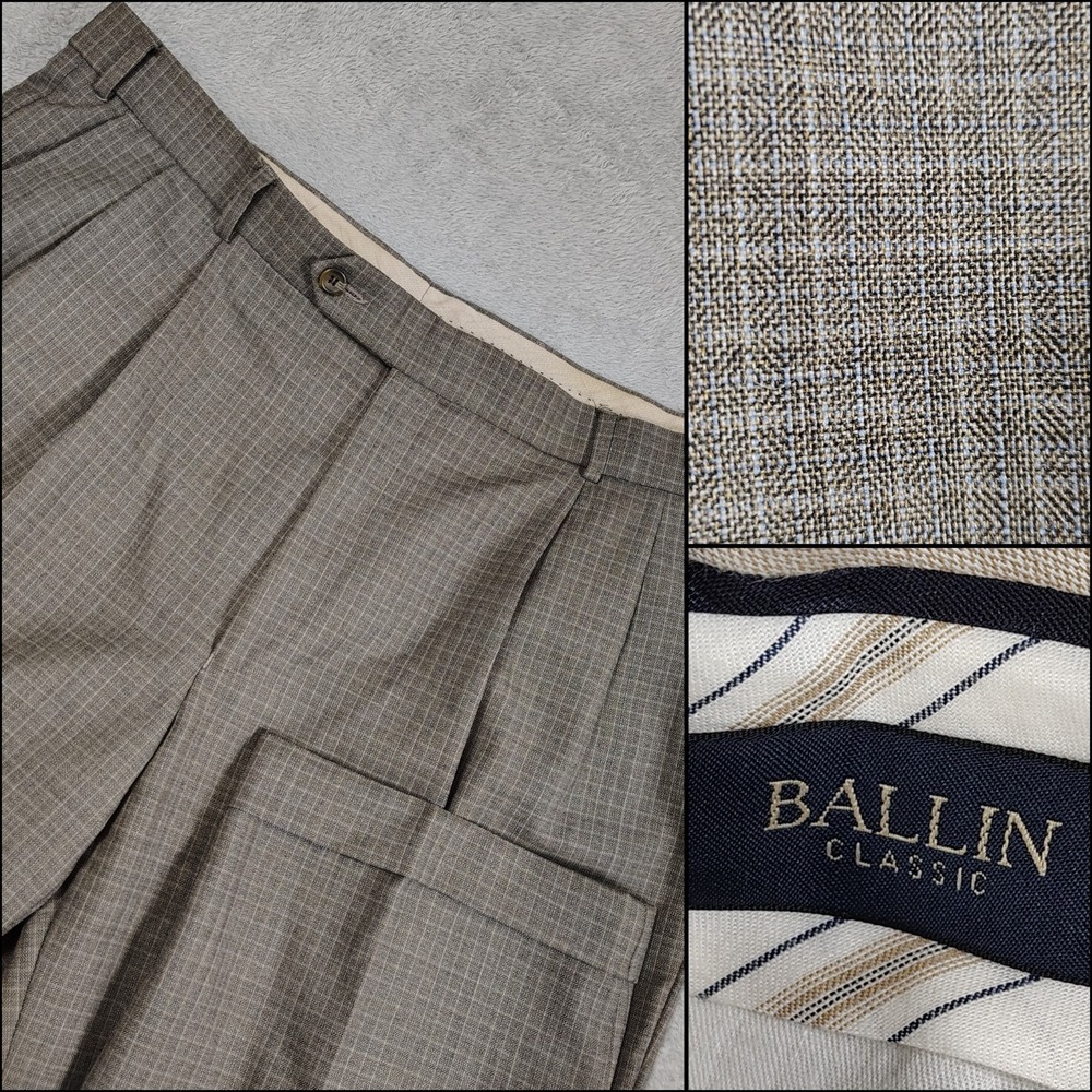 Ballin Mens Pleated Cuffed Wool Plaid Pants 40x28 Super 120's Comfort EZE Canada